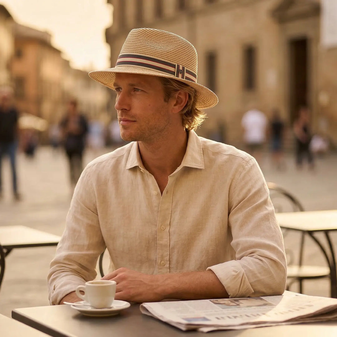 Man sitting at an outdoor cafe table with a newspaper and coffee cup, wearing a Stripe Fedora sun hat
