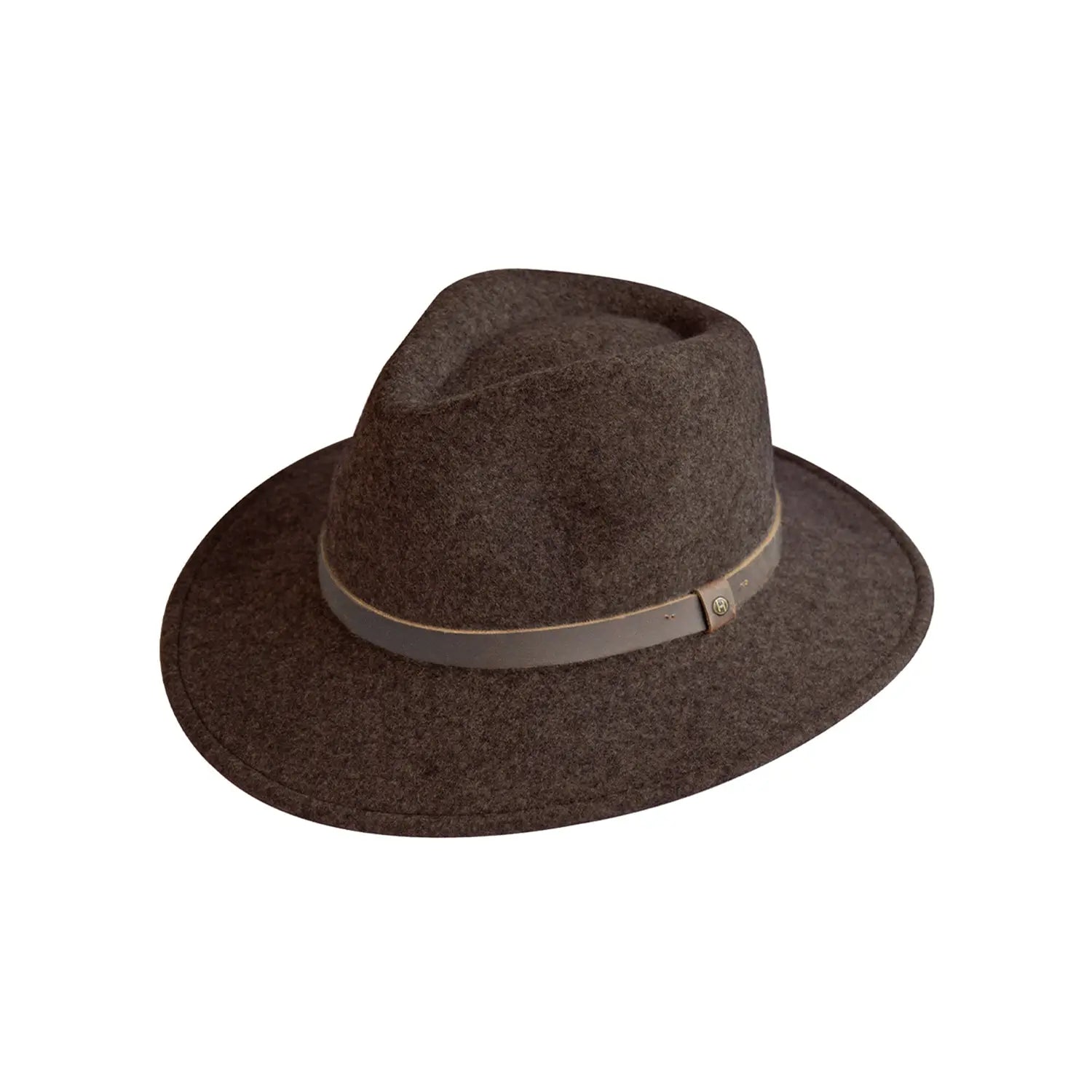 Brown Wilde fedora hat with a leather band on a white background for men and women